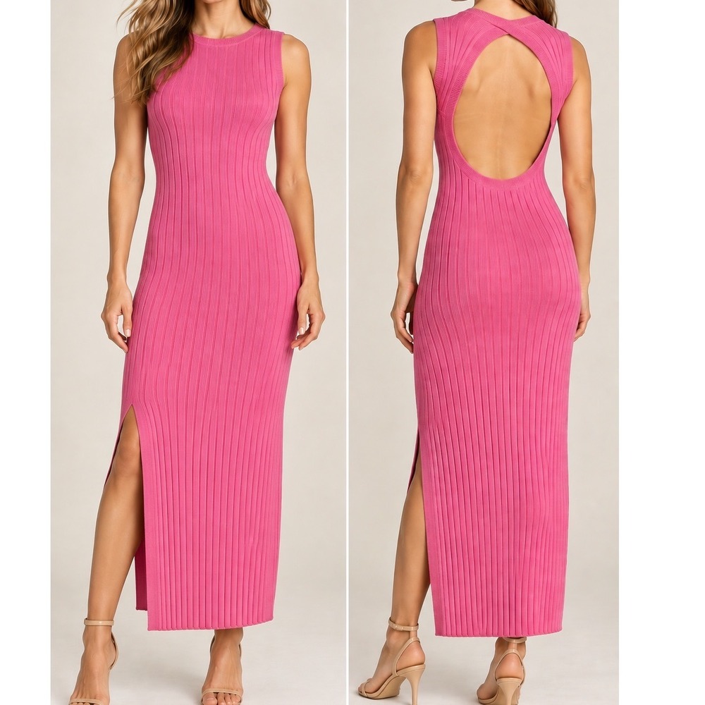 House of Harlow 1960 Pink Metallic Ribbed Open Back Maxi Dress XS Cotton Linen